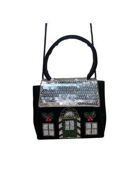 Confetti Women’s Black Velvet & Sequin Holiday House Handbag With Handle & Strap